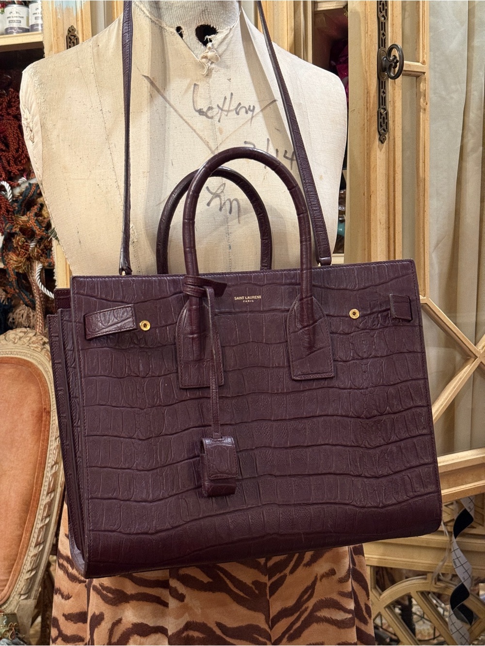 Saint Laurent Croc-Embossed Leather Tote in Plum